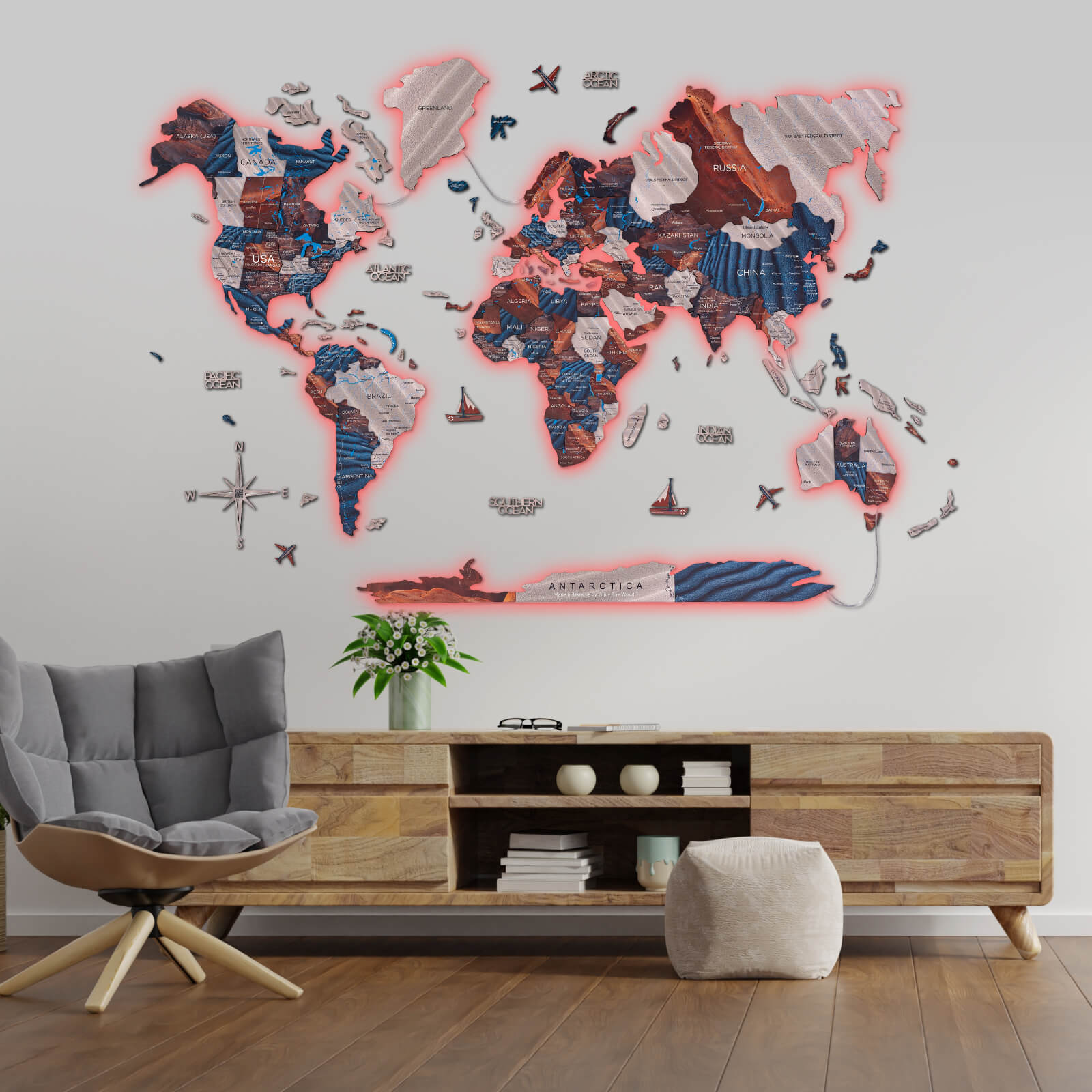 Interactive 3D LED wooden world map with colorful backlight in a modern living room