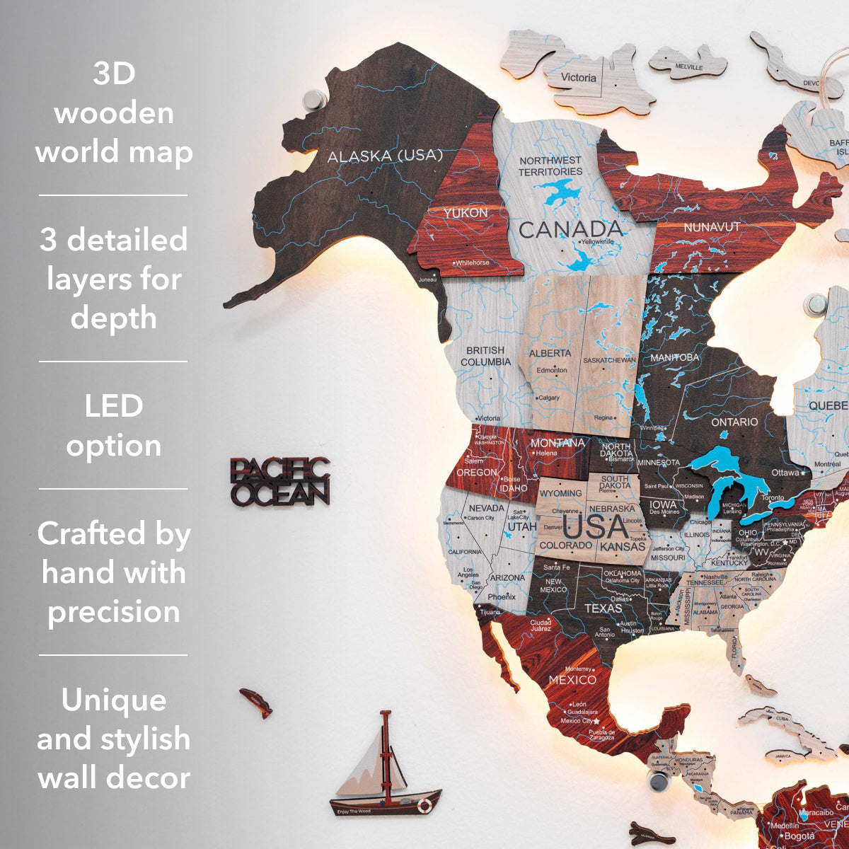 3D LED Luminous Wooden World Map 3.0 Urban Wall Art