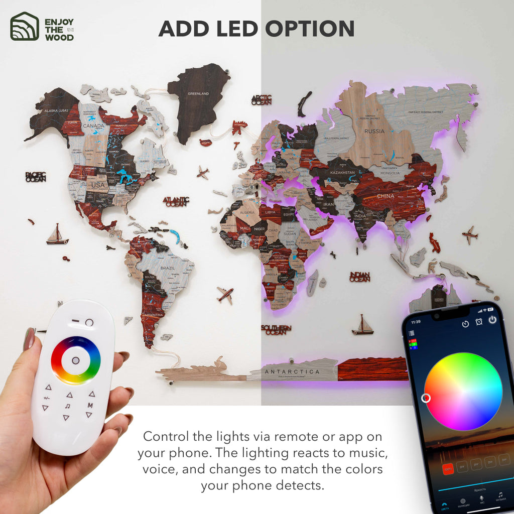 3D LED Luminous Wooden World Map 3.0 Urban Wall Art