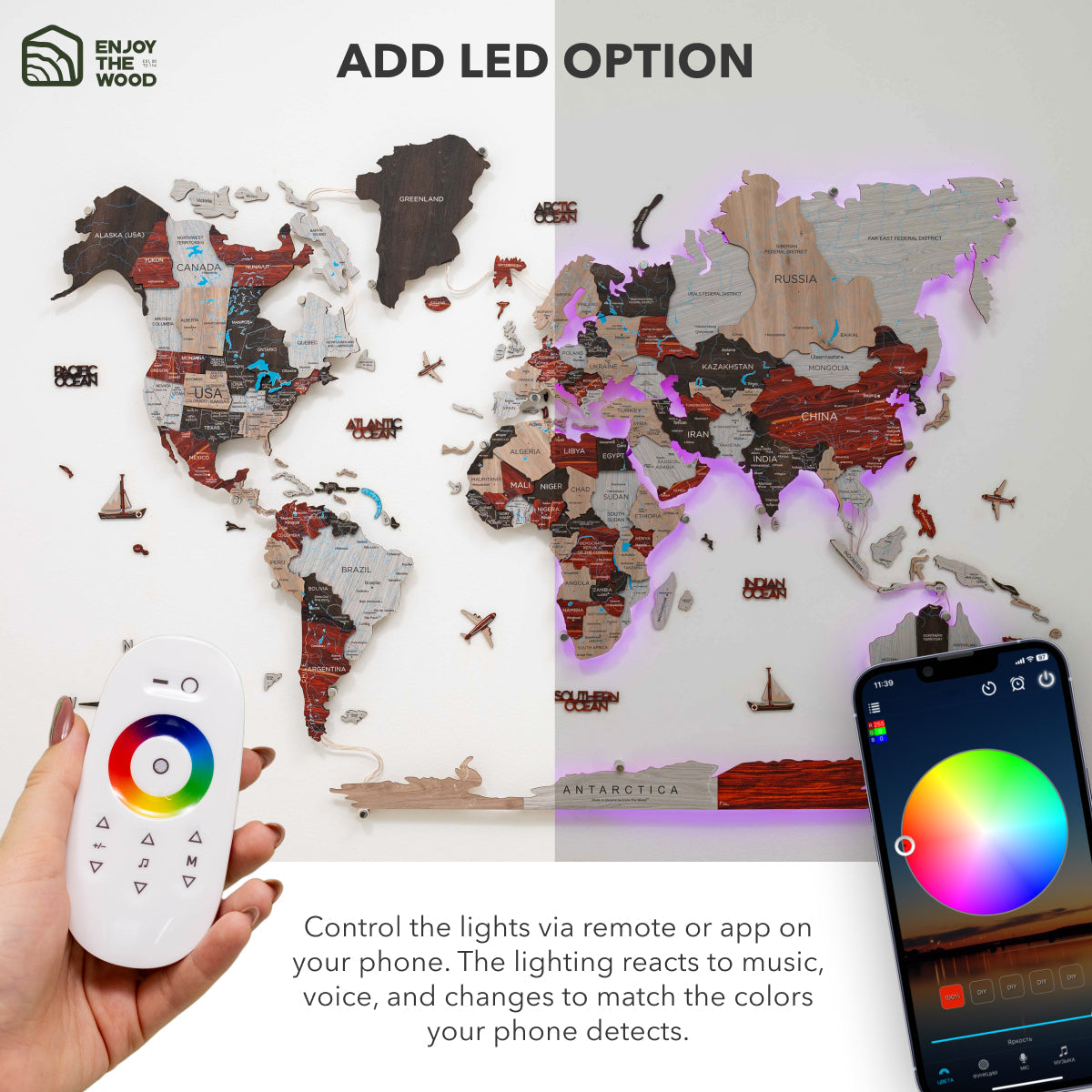 3D LED Luminous Wooden World Map 3.0 Urban Wall Art
