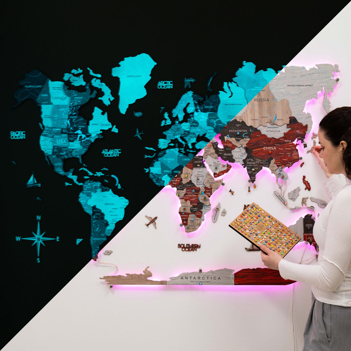 3D LED Luminous Wooden World Map 3.0 Urban Wall Art