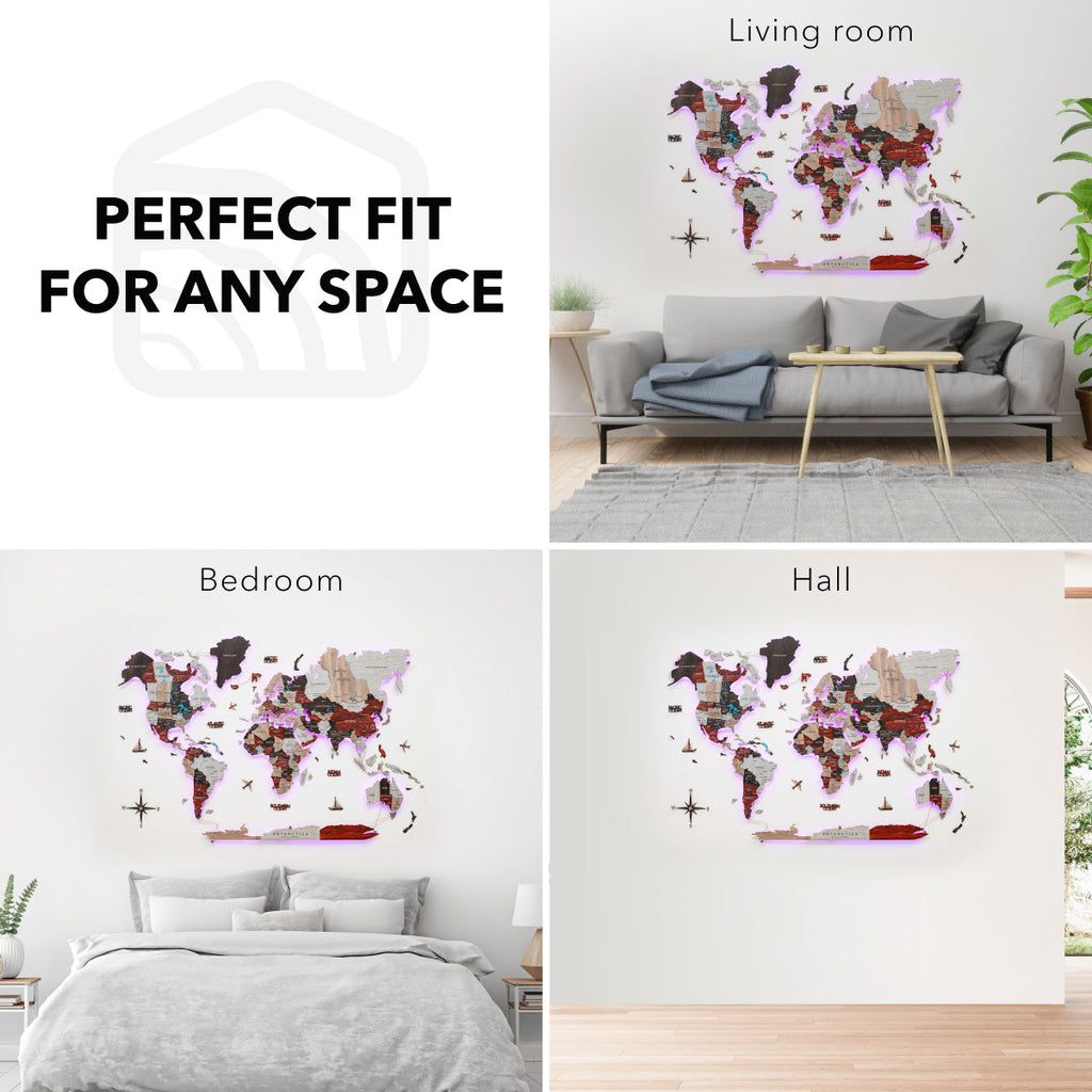 3D LED Luminous Wooden World Map 3.0 Urban Wall Art