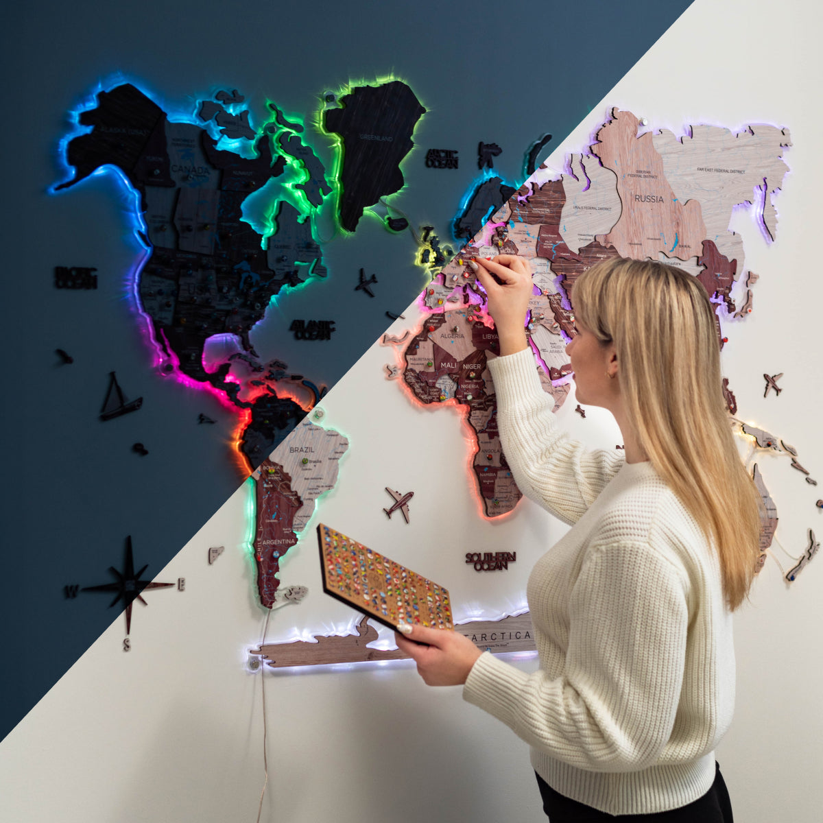 3D Luminous LED Wooden World Map 2.0 Cappuccino Wall Art