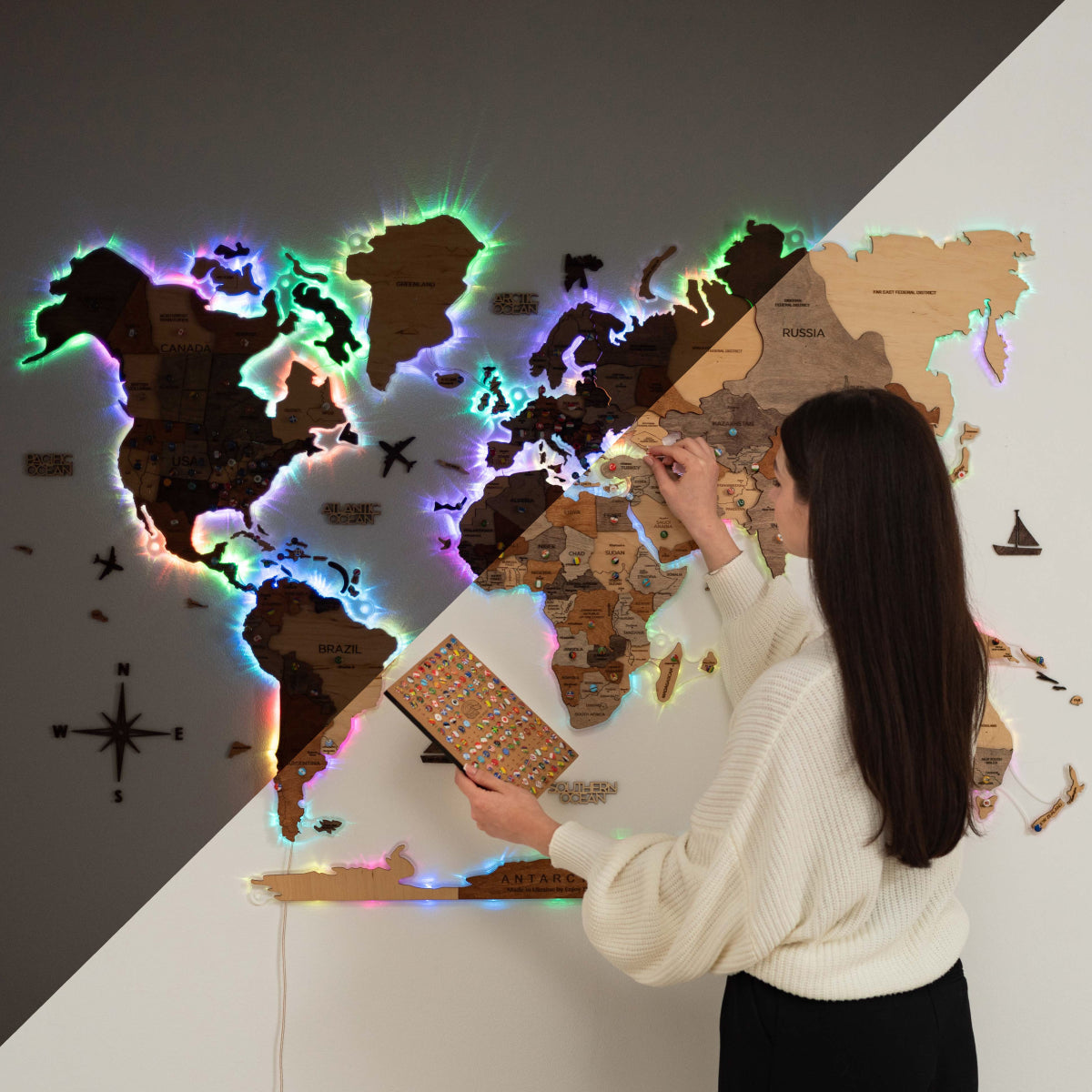 3D LED Wooden World Map Wall Art with Acrylic Background
