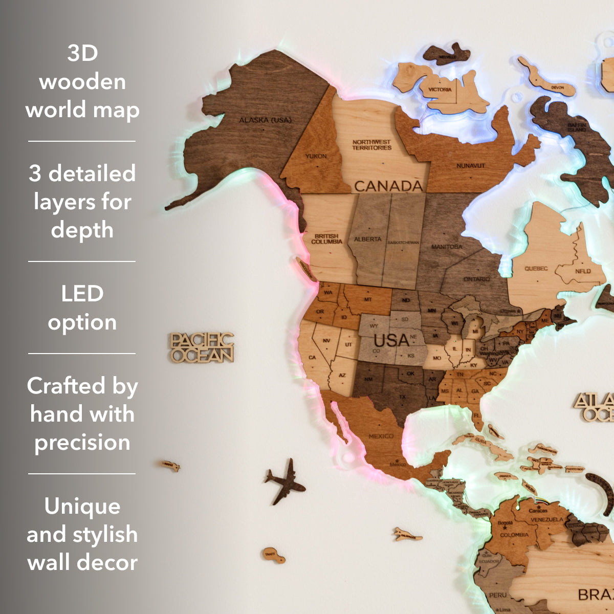 3D LED Wooden World Map Wall Art with Acrylic Background
