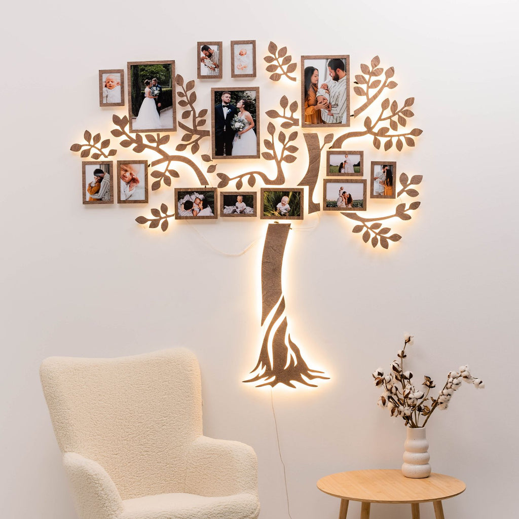 Wooden LED Family Tree wall art with soft warm glowing lights on a living room wall
