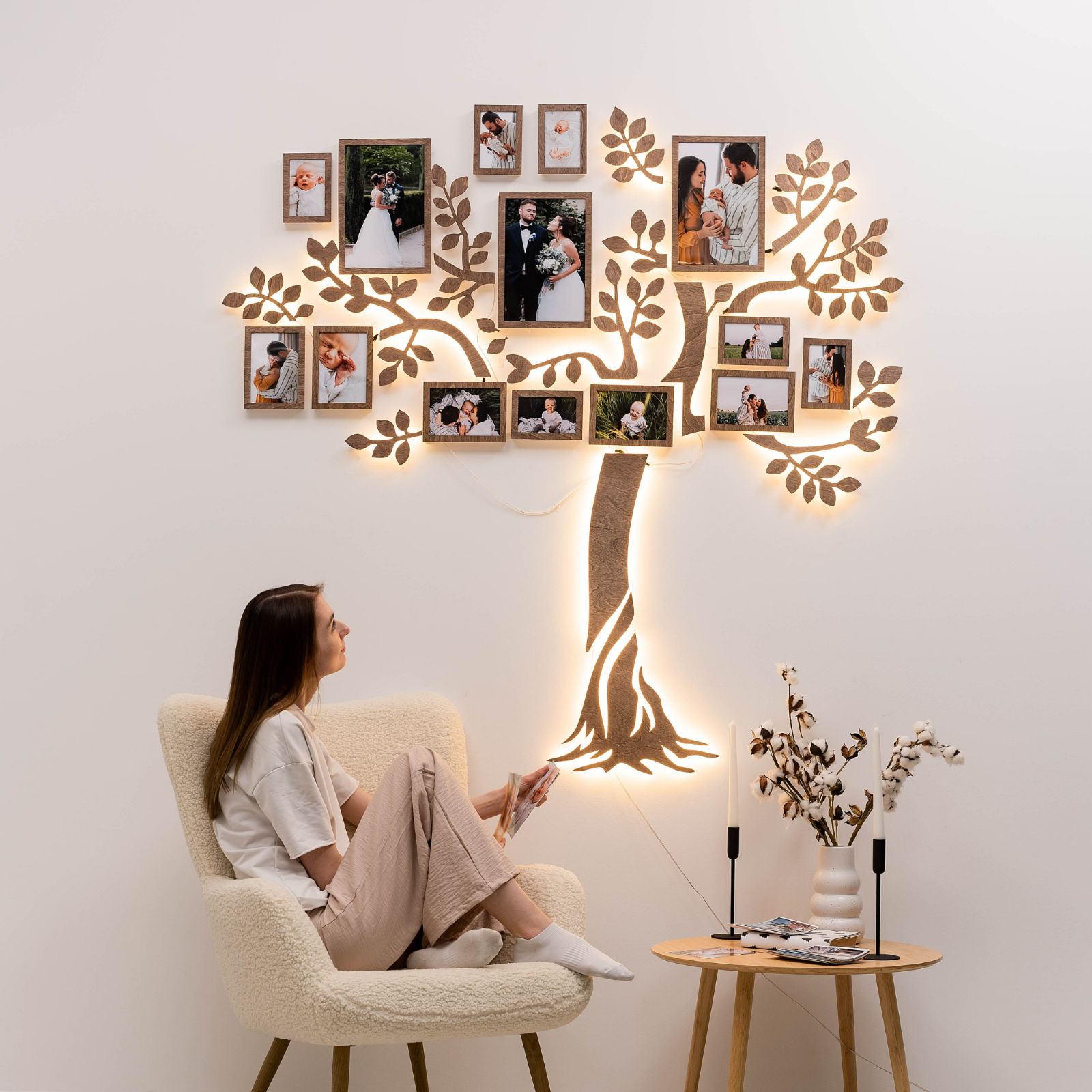 LED Lighted Wooden Family Tree Wall Art for Personalized Decor