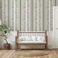 Leigh floral wallpaper with white and olive-green colors in a traditional design.