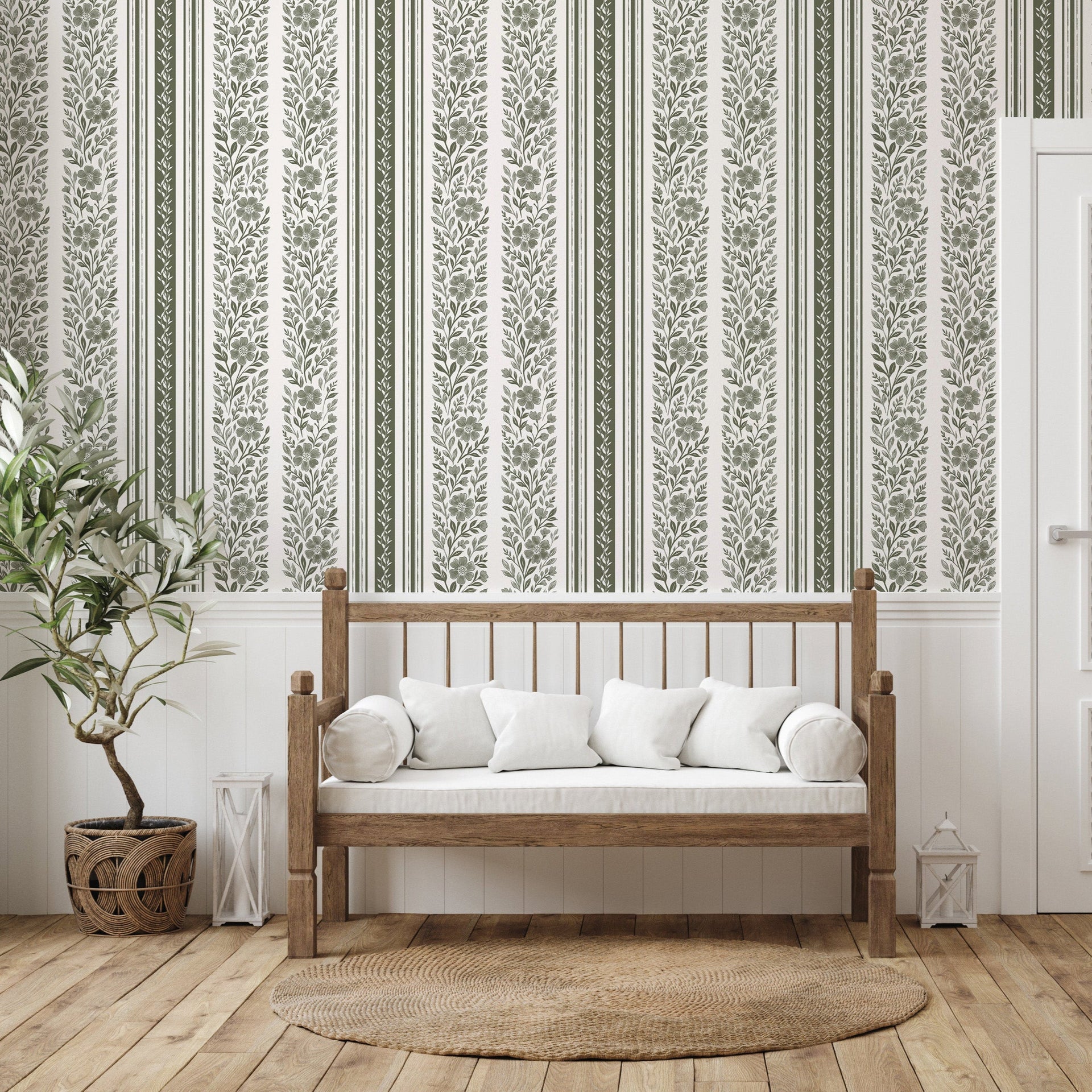Leigh floral wallpaper with white and olive-green colors in a traditional design.