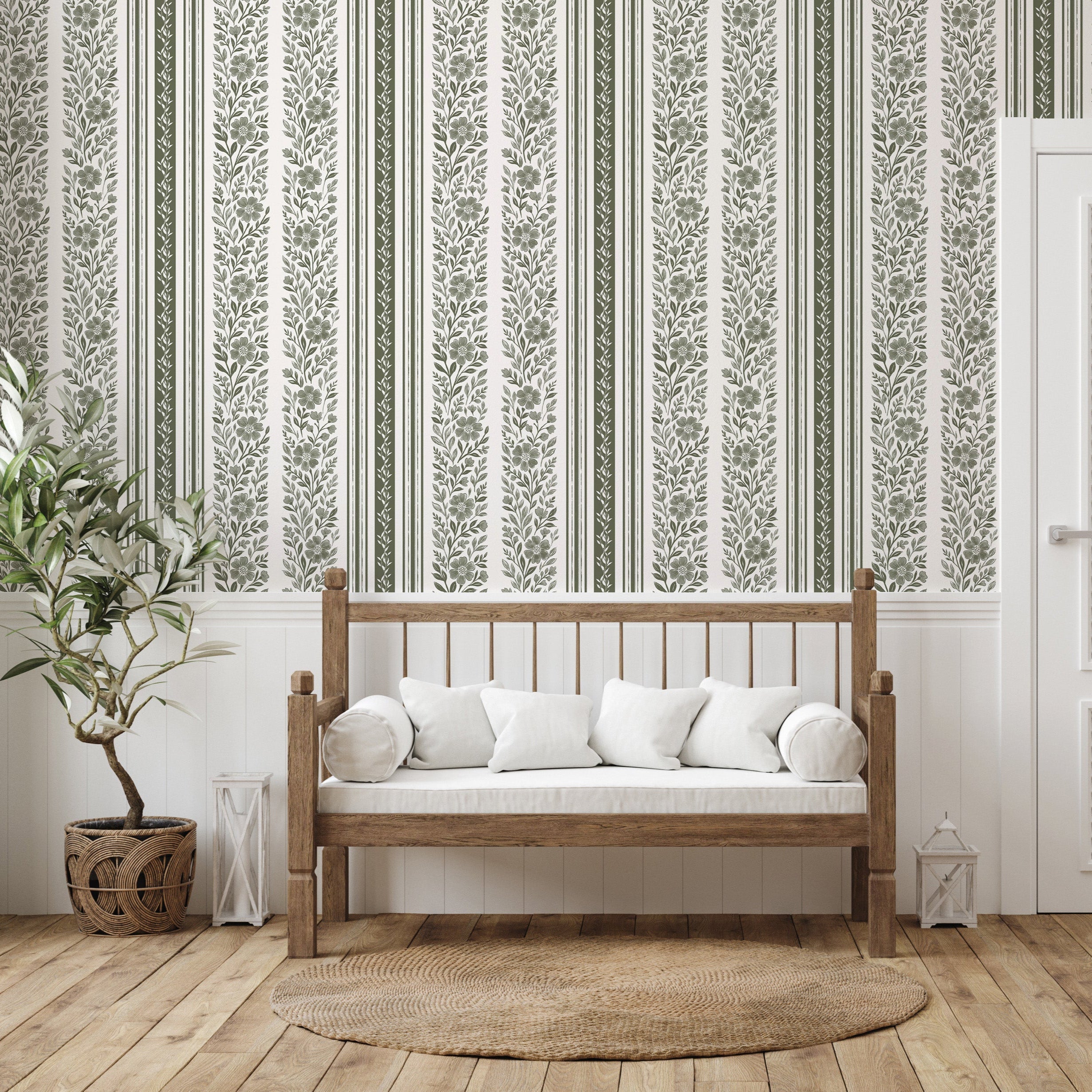 Leigh floral wallpaper with white and olive-green colors in a traditional design.