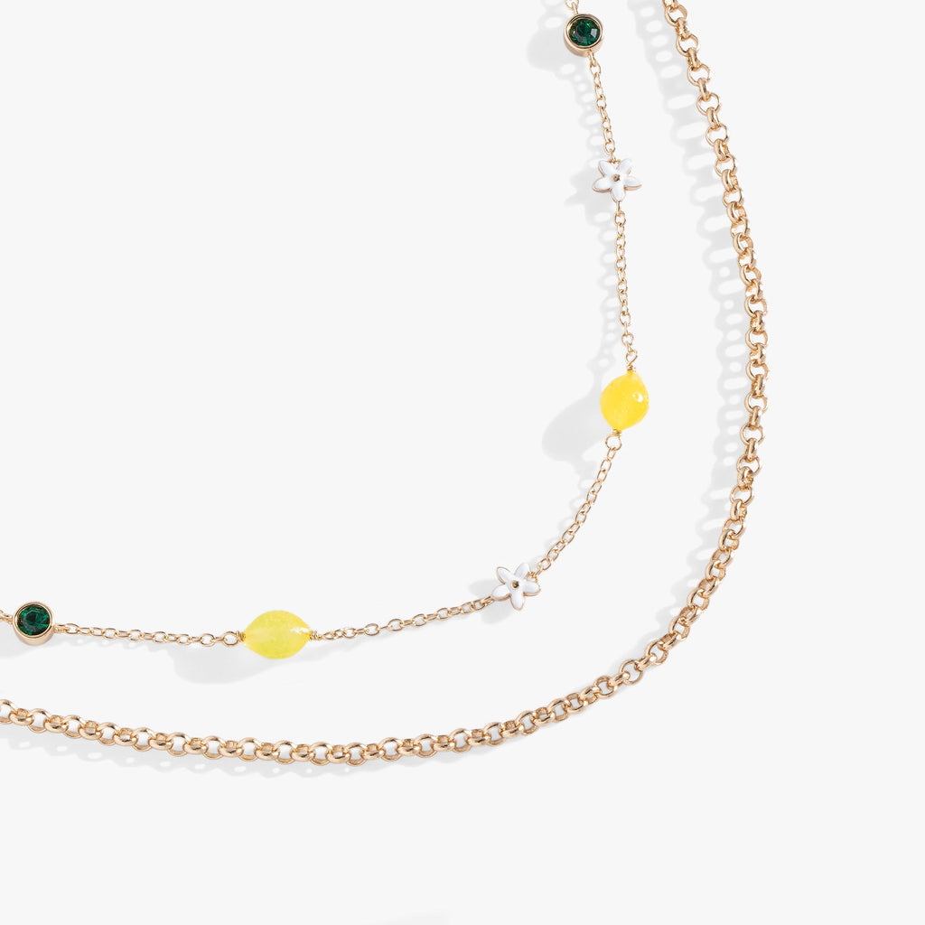 Double-Layer Lemon Charm Necklace with Green and Yellow Crystals