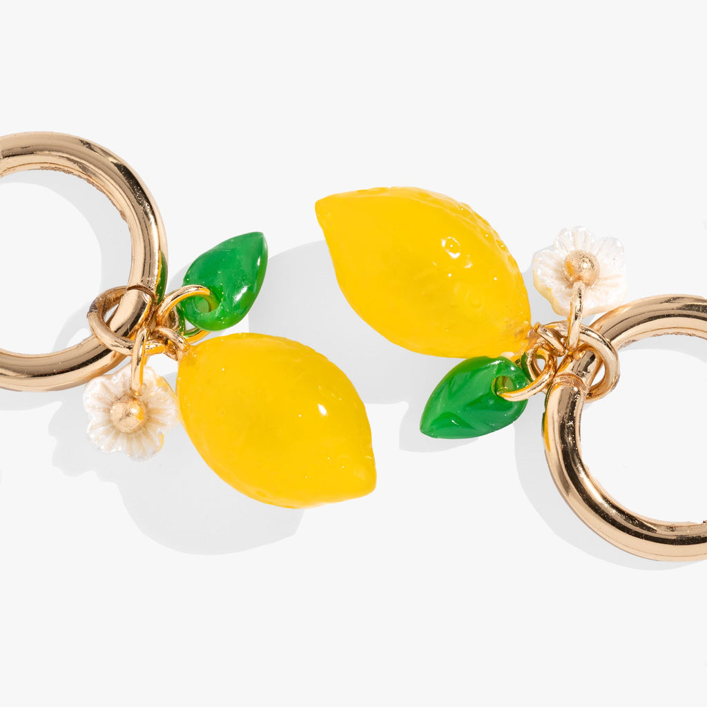 Gold Lemon Huggie Hoop Earrings with Floral Blossom Accents