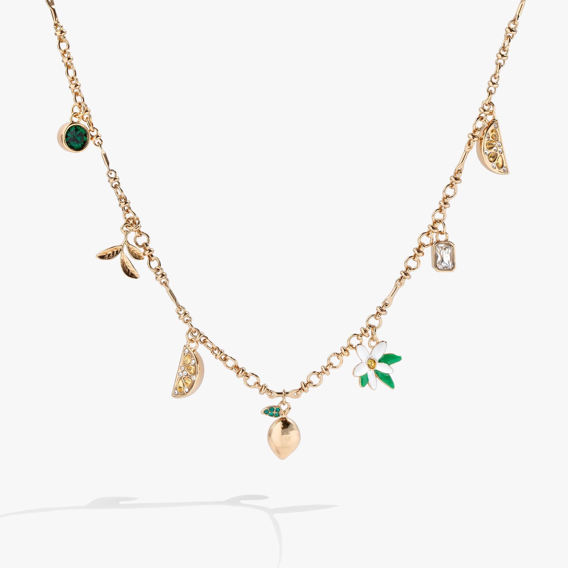 Chunky charm necklace with yellow lemon-shaped crystals and emerald-cut diamond dupe charms.