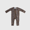 Baby wearing soft leopard print bamboo zip pajamas with convertible foot cuffs