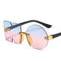 Child wearing playful, irregular rimless sunglasses shaped like the letters NO with UV protection.