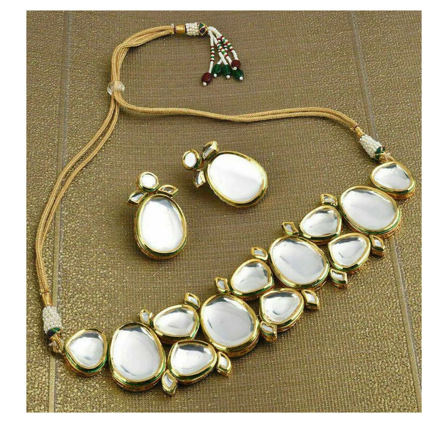 Detailed view of handcrafted gold-plated Kundan stone necklace
