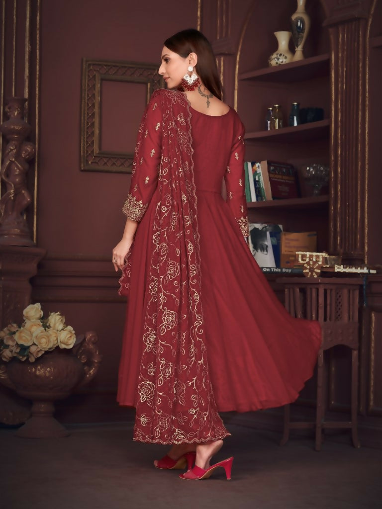 Women's Maroon Georgette Embroidered Anarkali Kurta Pant Set