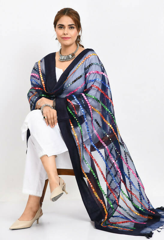 Navy Blue Organza Dupatta with Multi-Thread Mirror Work