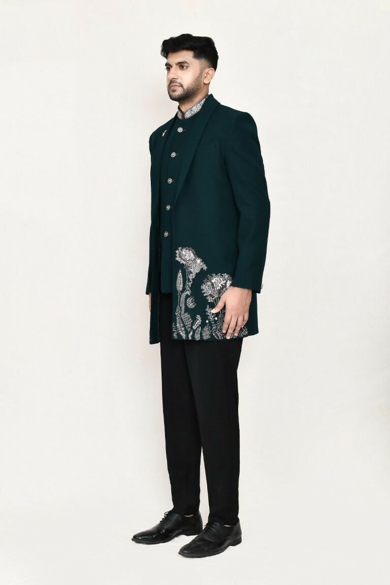 Green Imported Polyester Open Prince Coat and Pant Set