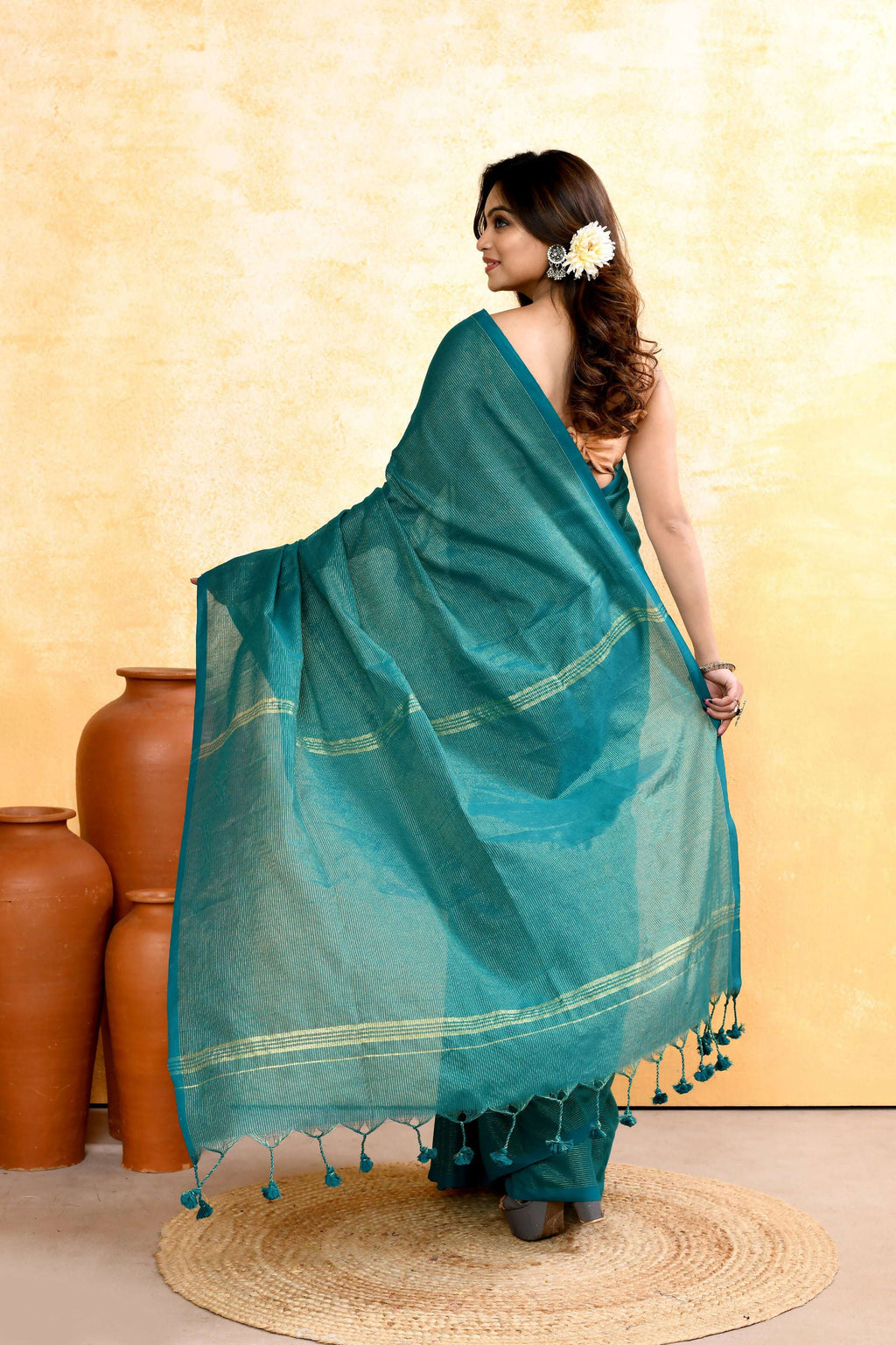 Teal Embellished Cotton Blend Zari Check Handloom Saree