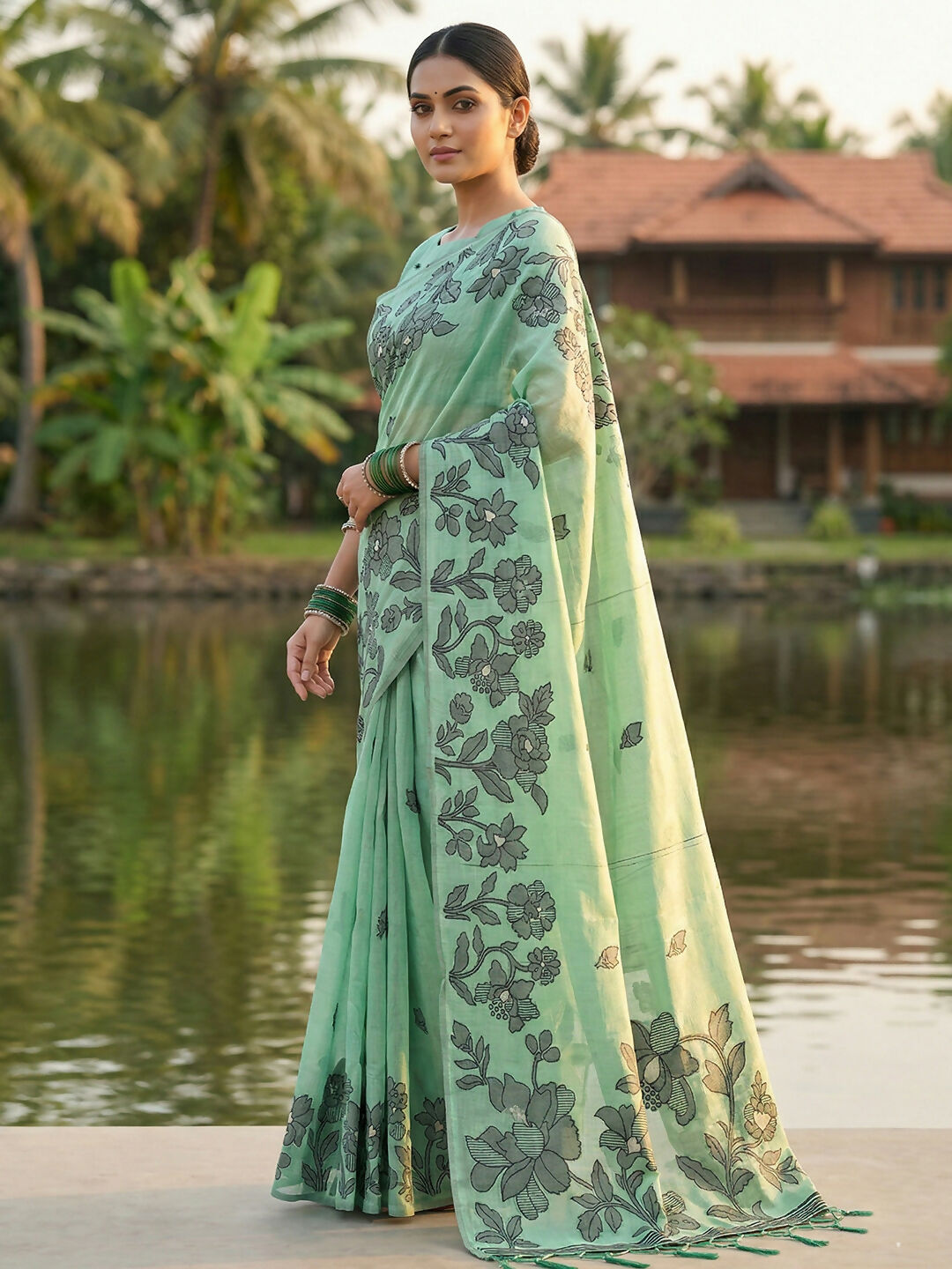 Rama Green Linen Cotton Saree with Matching Blouse Piece