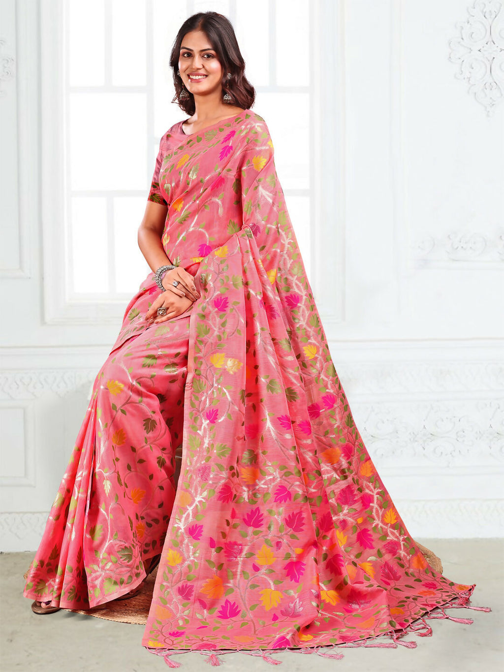 Pink Linen Cotton Saree with Matching Blouse Piece