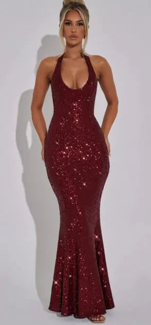 Women's Burgundy Sequin Halter Maxi Dress Formal Evening Gown - Image 8