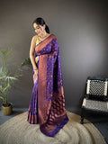 Purple Banarasi woven soft silk saree showcasing rich woven patterns and matching fabric.