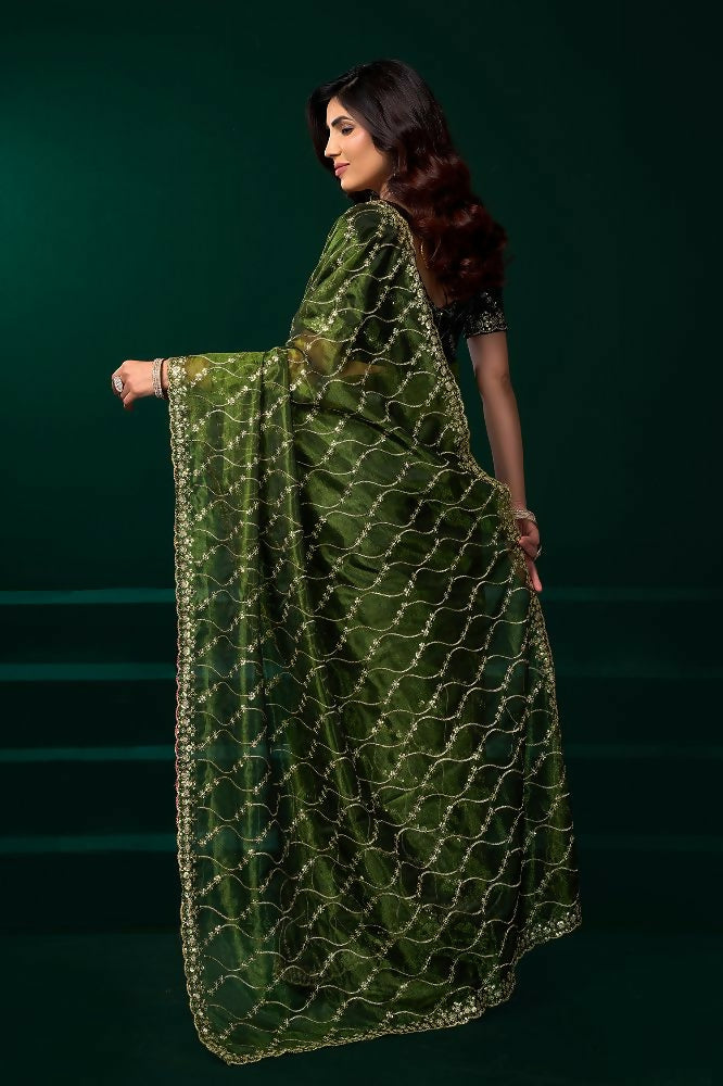 Green Net Party Wear Saree with Black Velvet Blouse