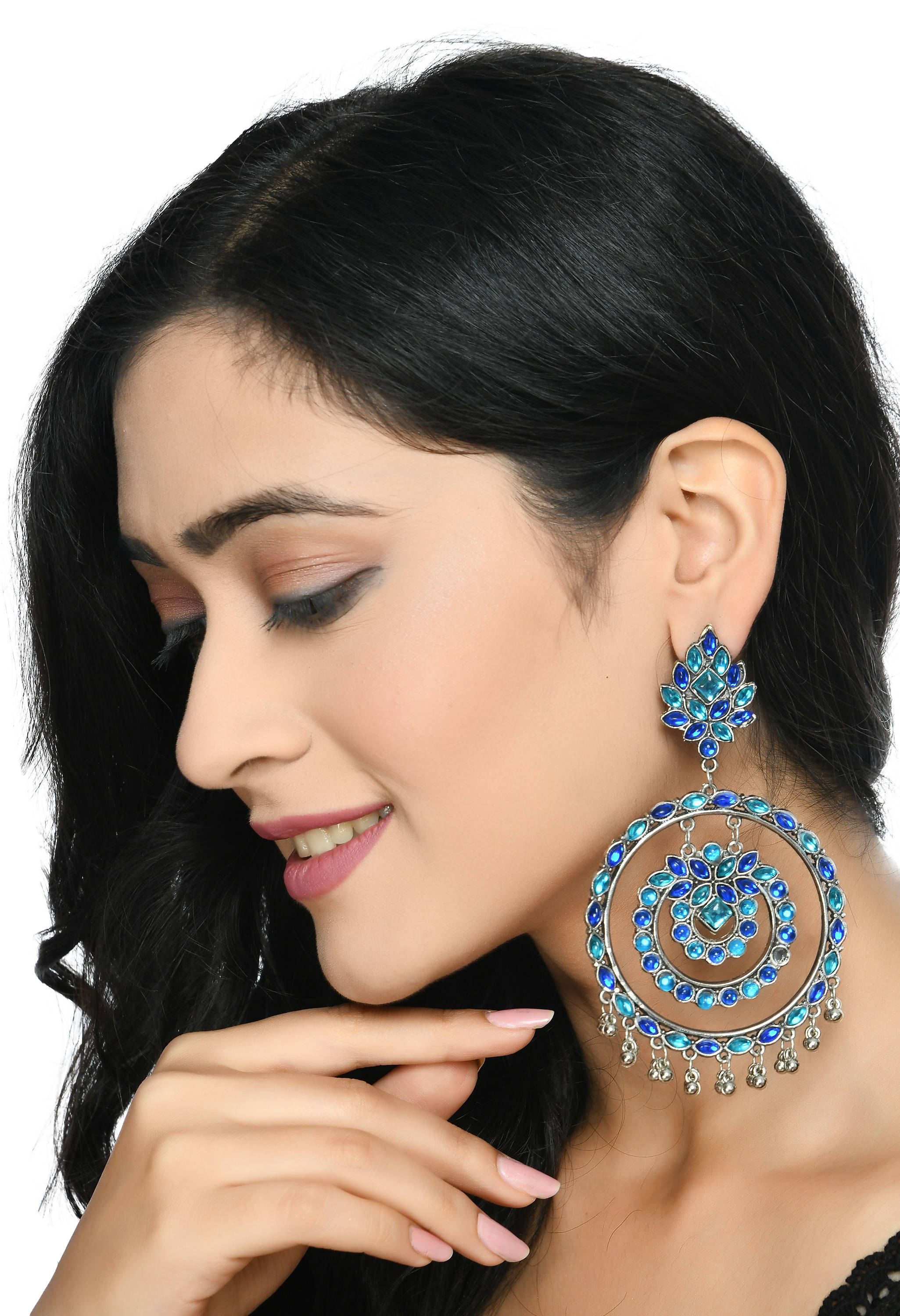 Blue Kundan Circle Dangle Earrings for Women and Girls