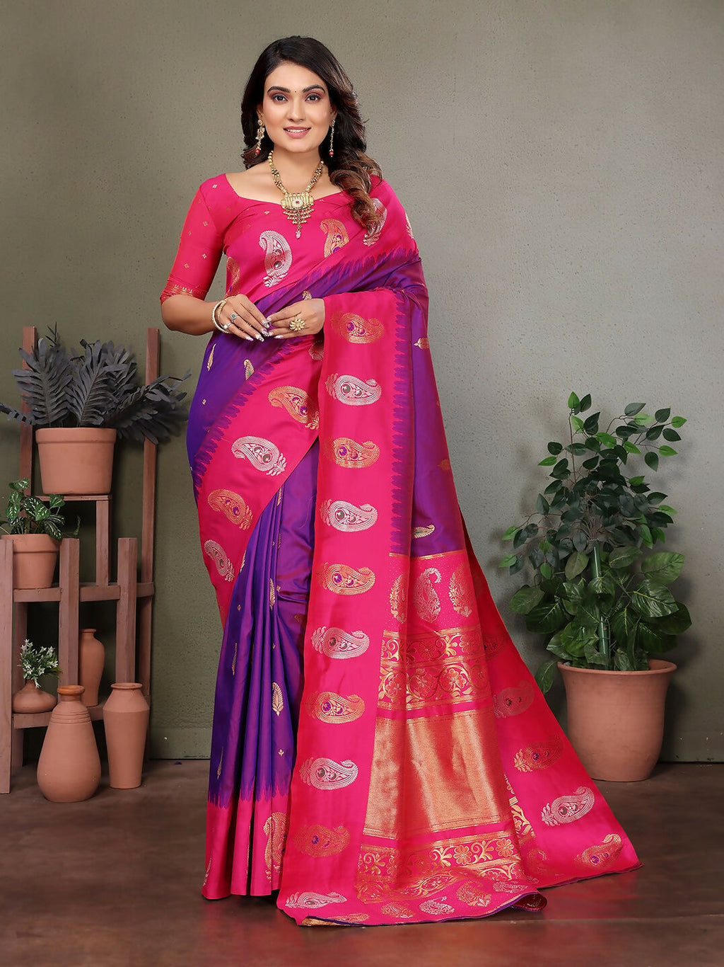Joban Fashion Banarasi Purple Butti Soft Silk Saree