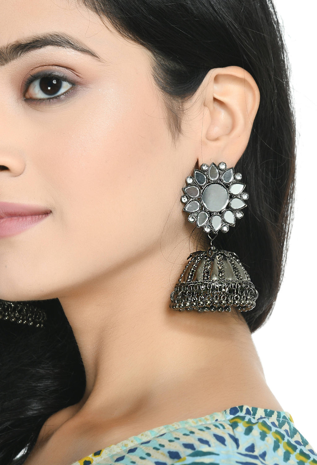 Silver-Plated Mirror Work Jhumka Earrings for Traditional Elegance