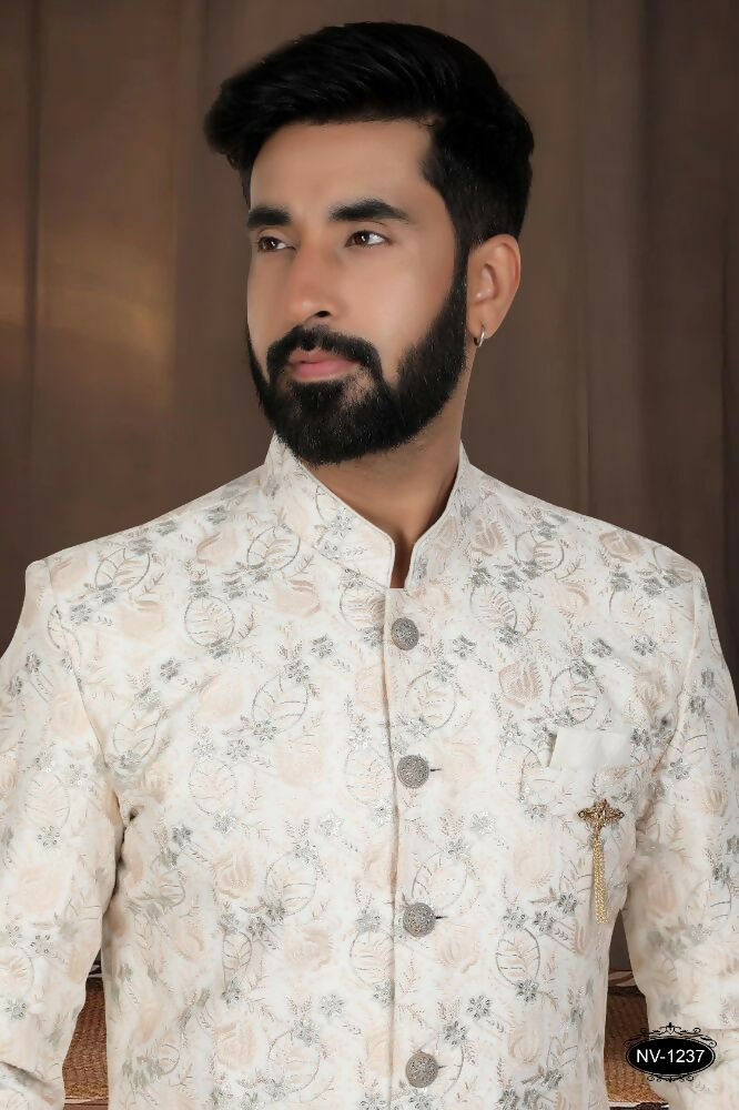 Off-White Silk Kurta Pyjama Set with Embroidery for Boys