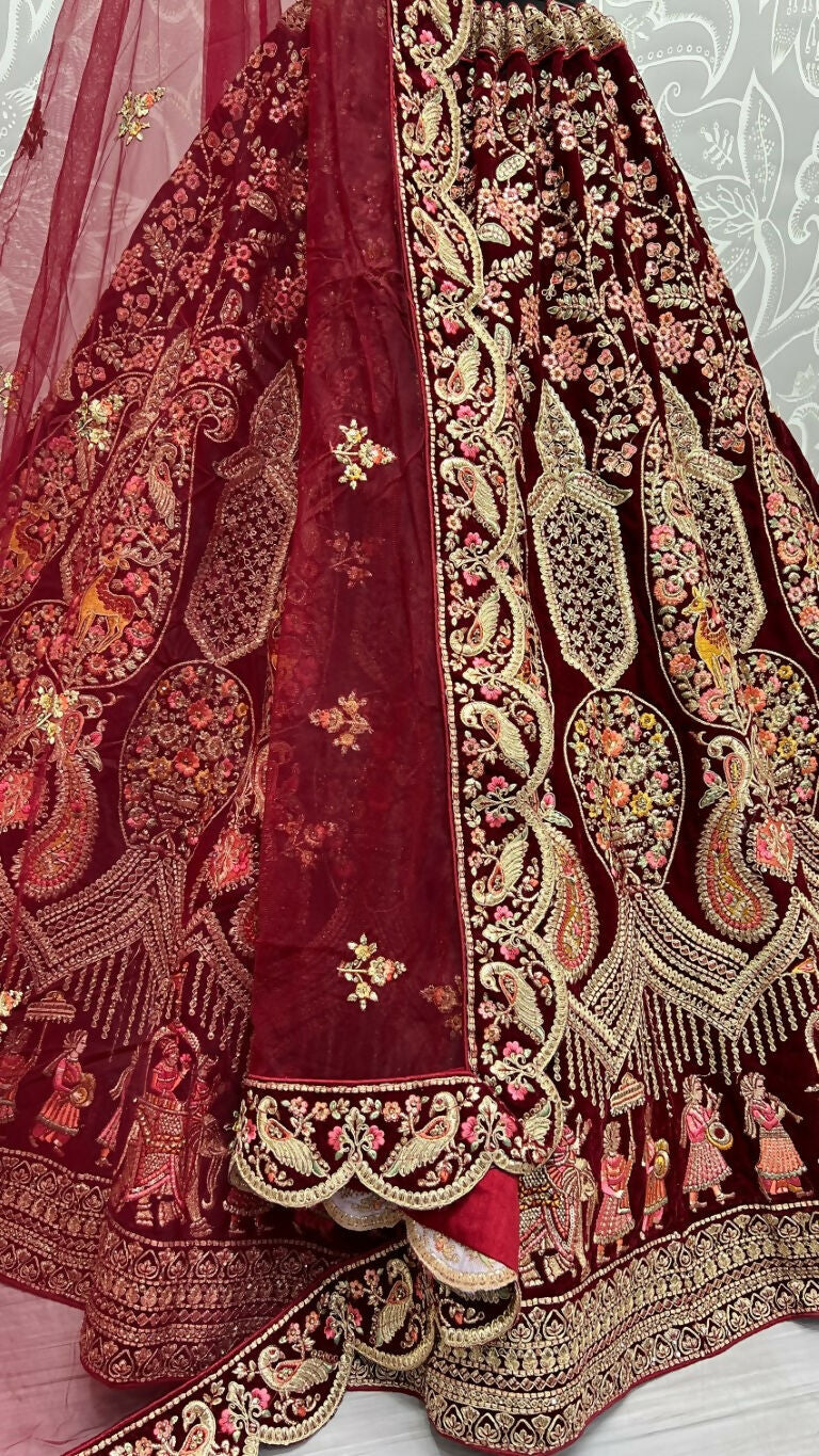 Maroon Velvet Wedding Lehenga Choli with Zircon Diamond Work