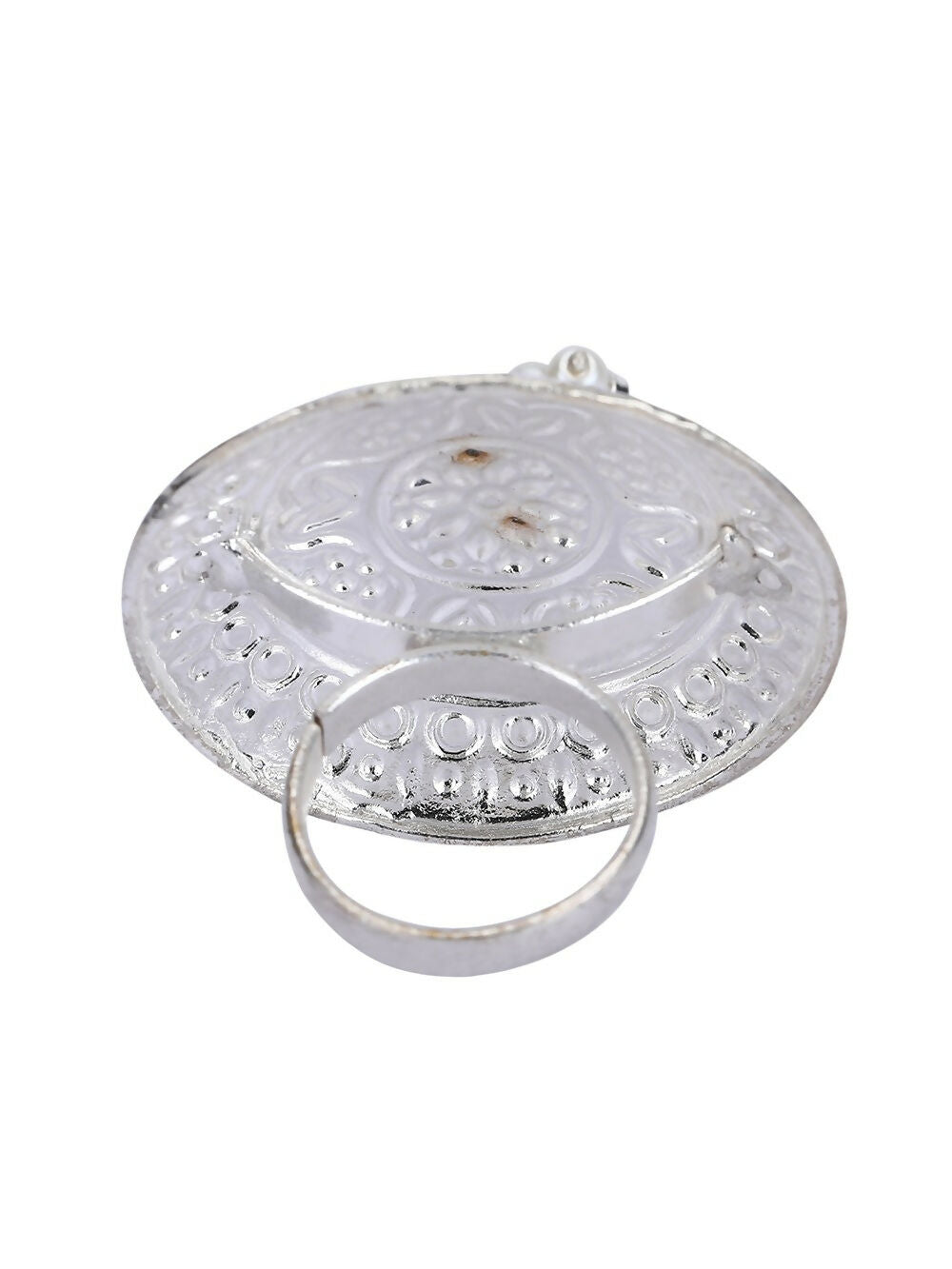 Intricate Silver Tone Green Stone Statement Ring for Women