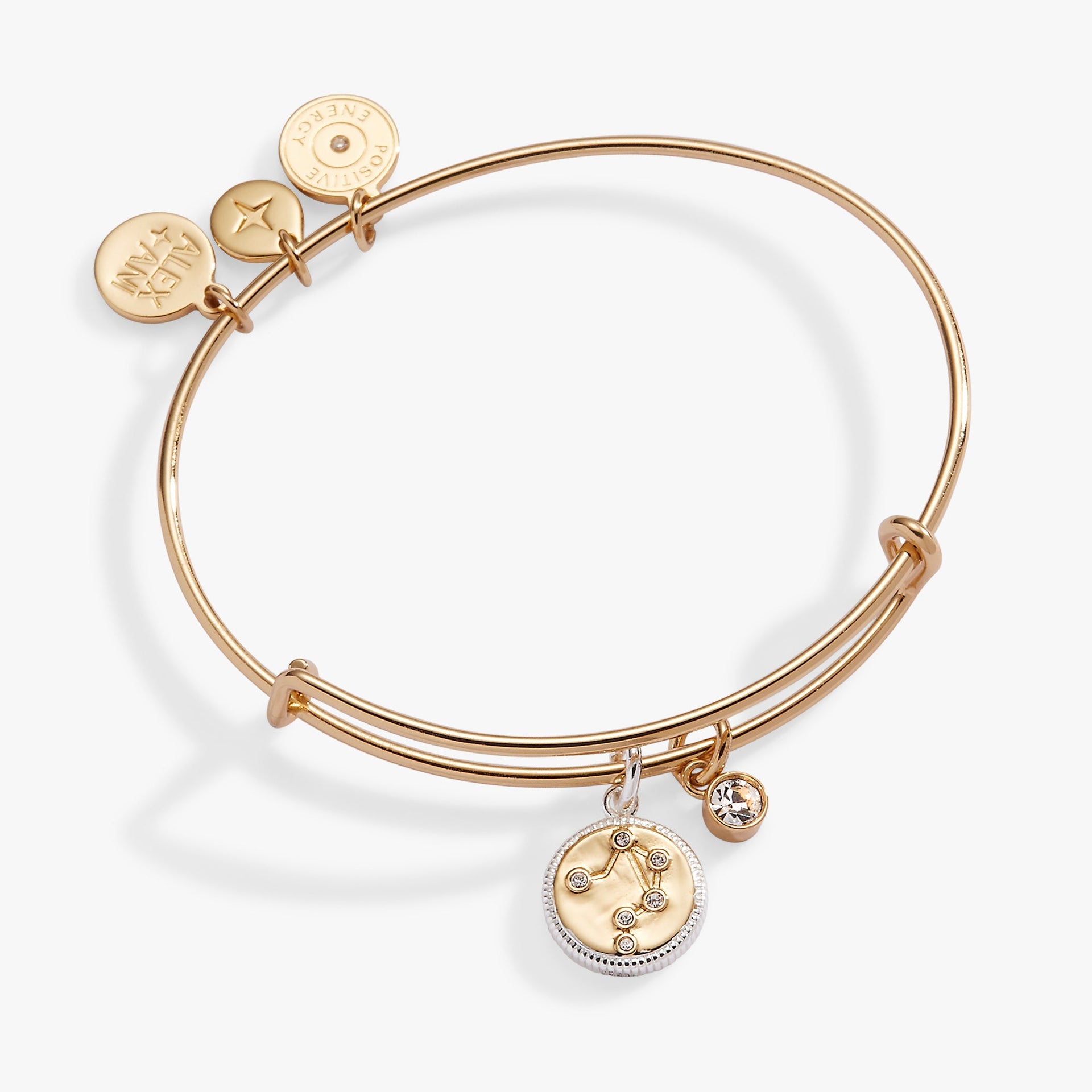 Two-tone Libra zodiac charm bangle with crystal-studded constellation detail.