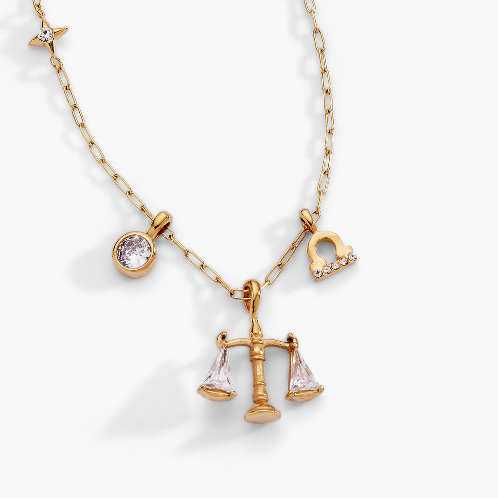 Libra Zodiac Charm Cluster Necklace in Gold-Plated Stainless Steel