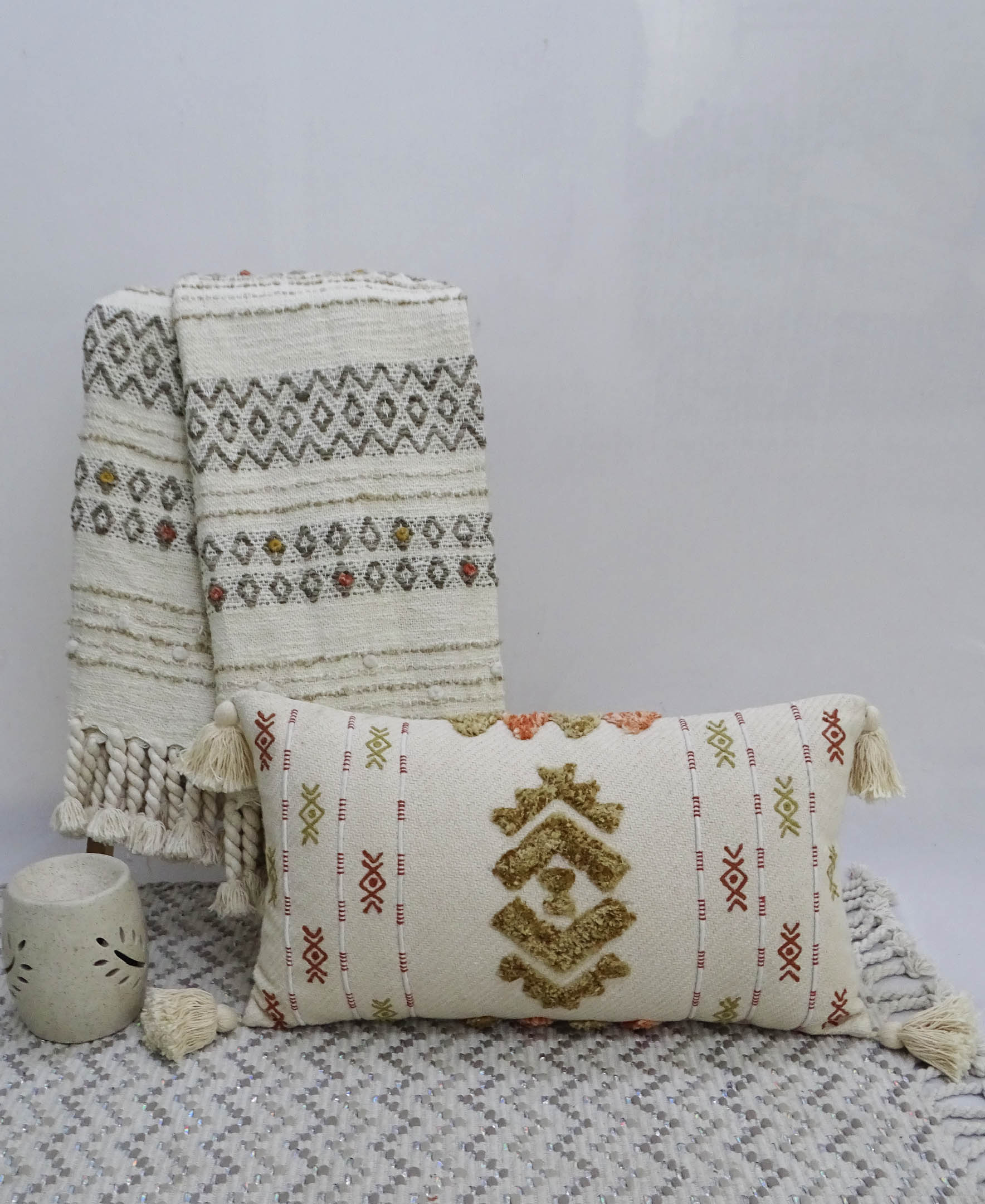 Embroidery Throw Pillow with Tassels 14" X 24"