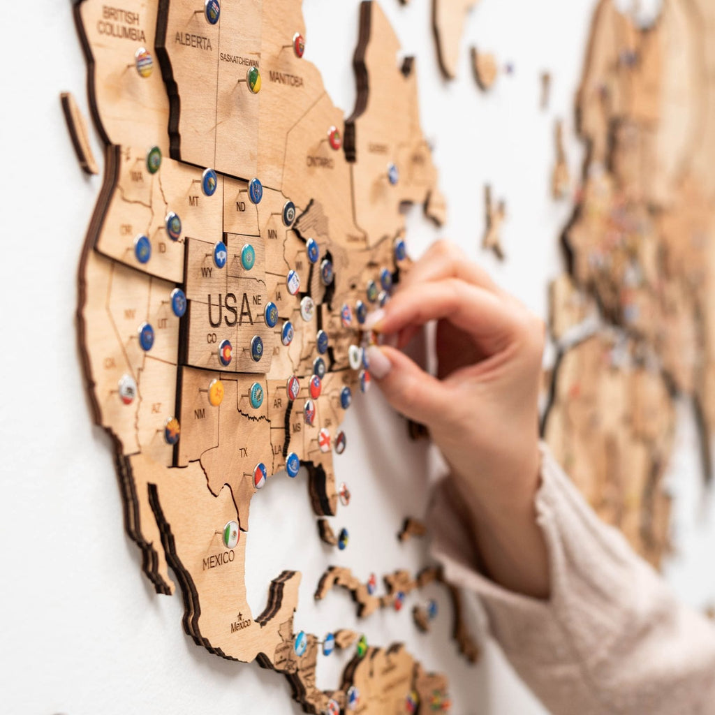 3D Wooden World Map Wall Art with Gold Accents for Home Decor