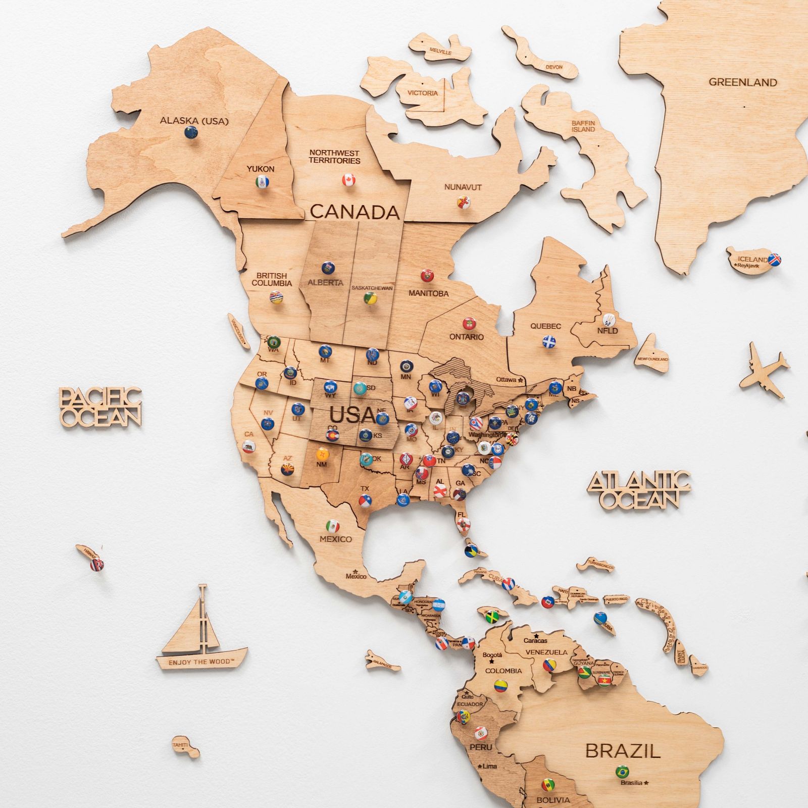 3D Wooden World Map Wall Art with Gold Accents for Home Decor