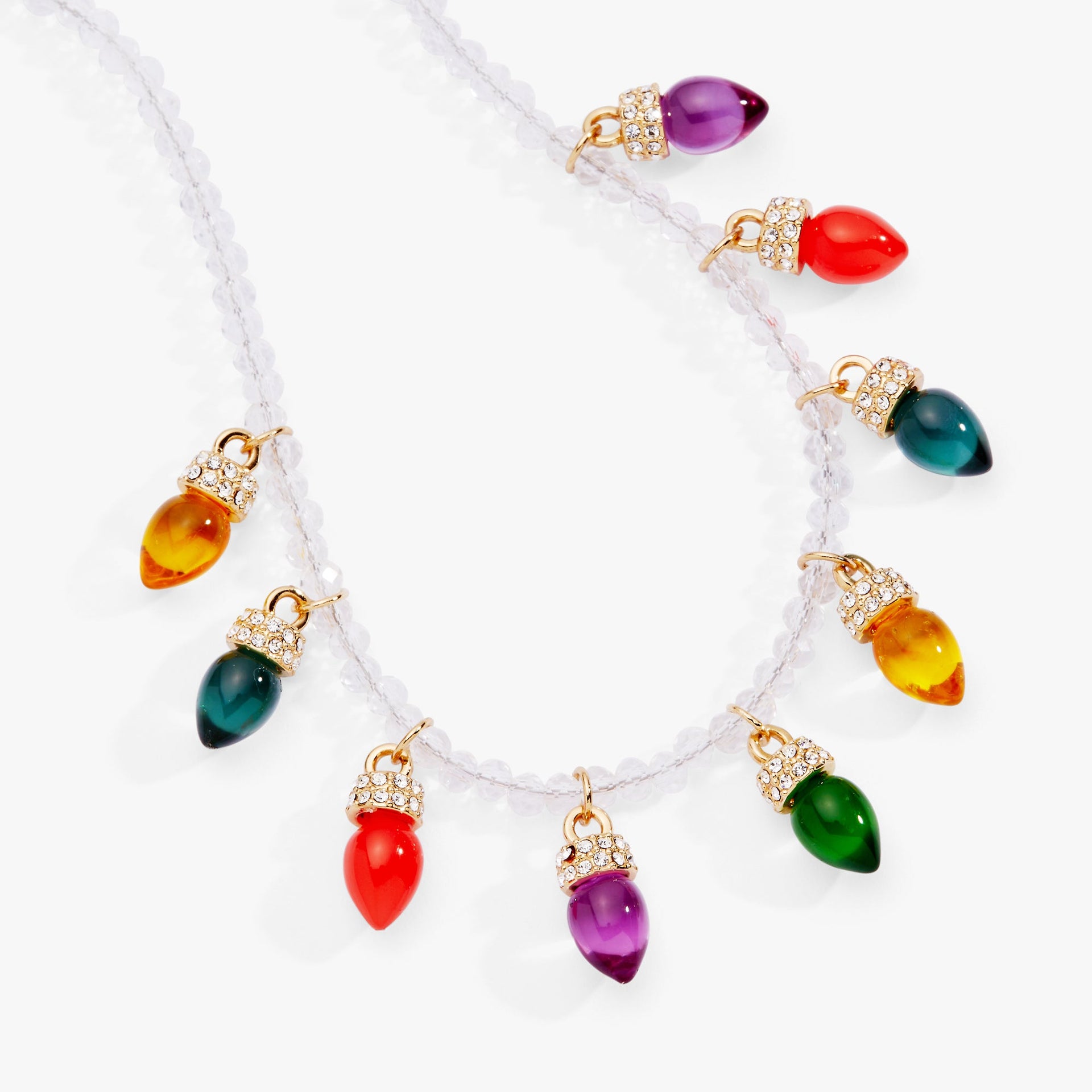 Festive Multi-Color Holiday Light Bulb Crystal Charm Necklace
