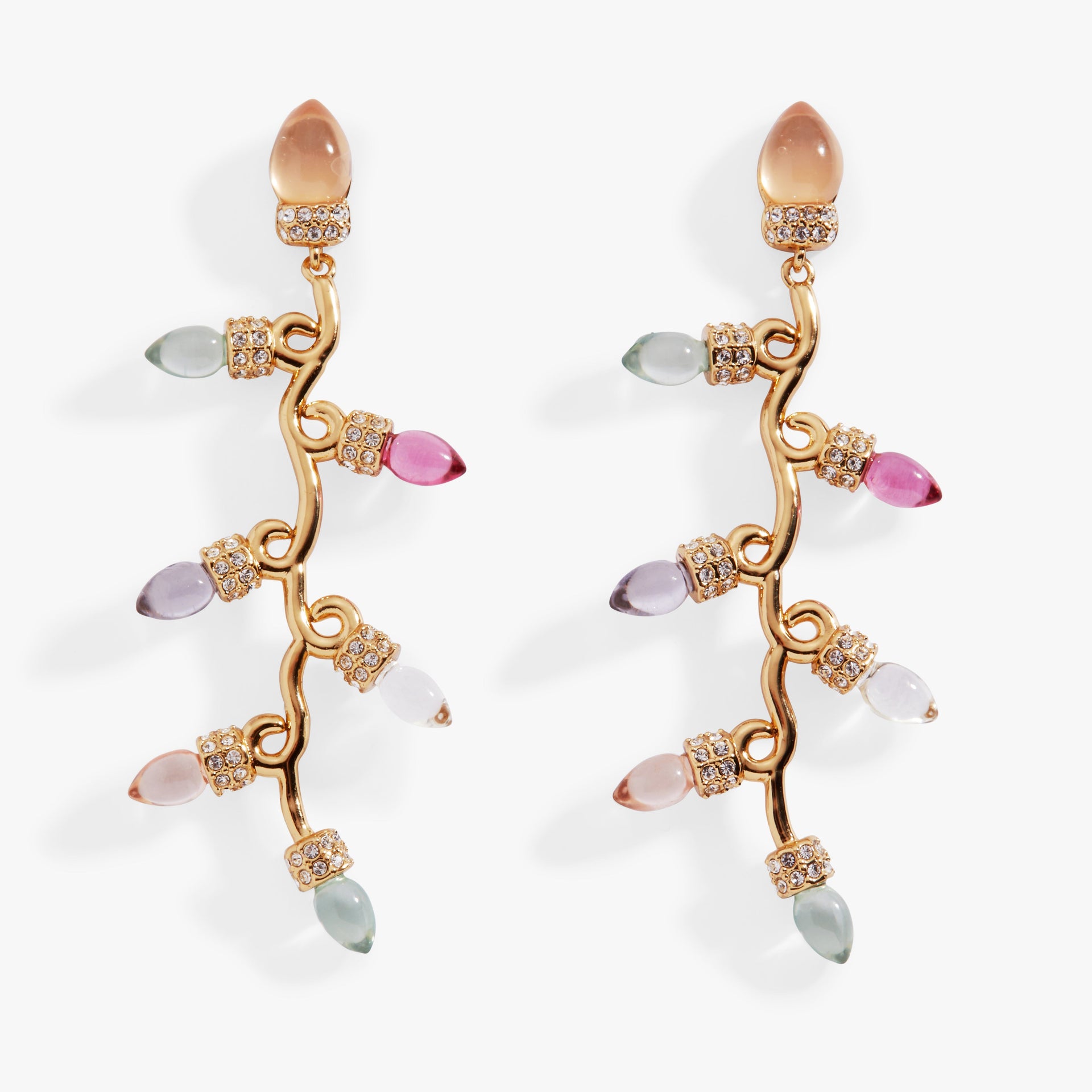 Muted multi-colored resin light bulb linear earrings with crystal pave accents.