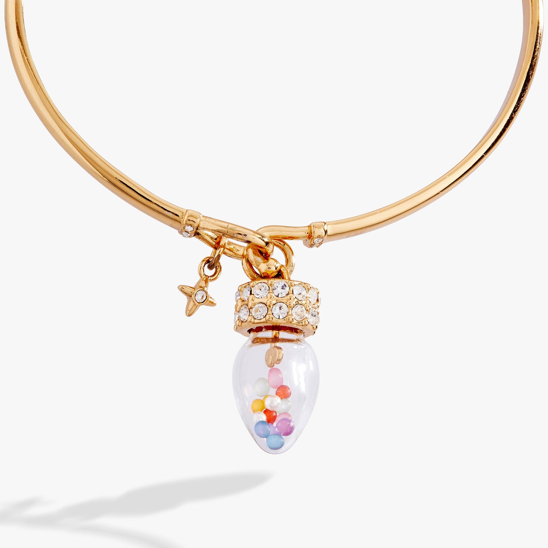 Alex And Ani Christmas Light Bulb Shaker Tension Cuff with pave accents and logo star charm