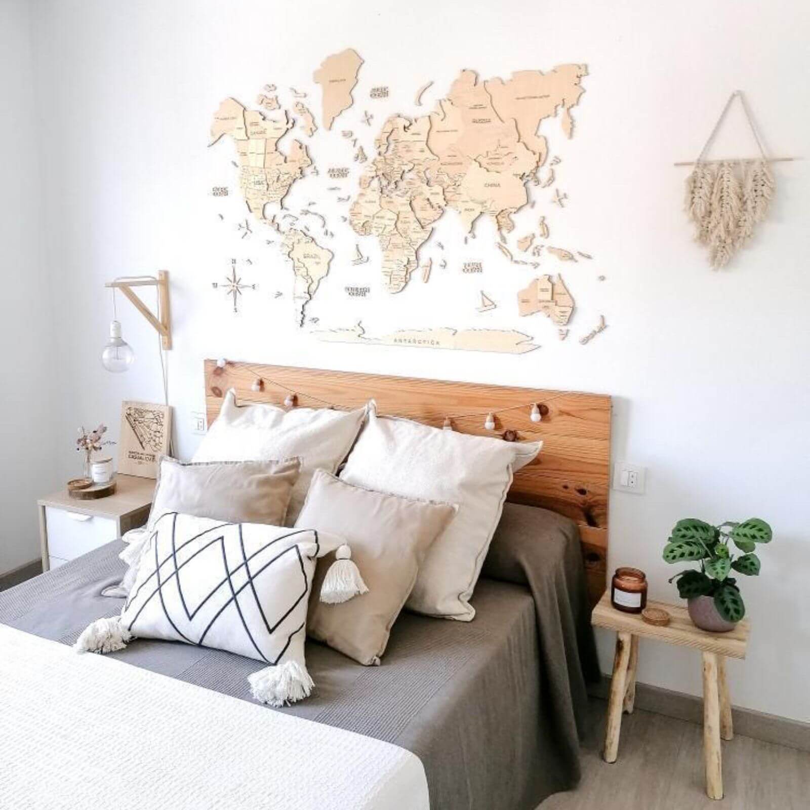 World Map Wall Art Set with Flag Push Pins in Brown Tan Beige