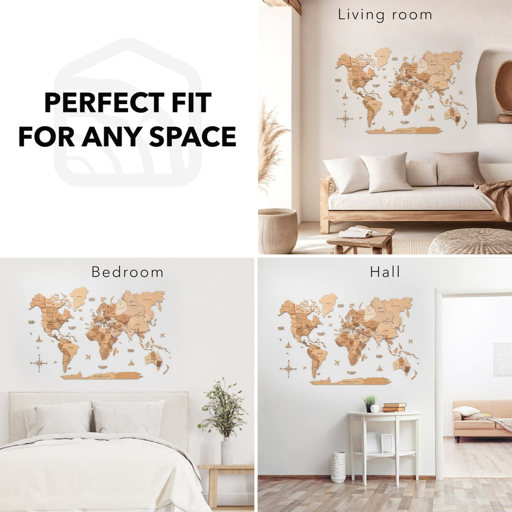 3D Wooden World Map Wall Art with Gold Accents for Home Decor
