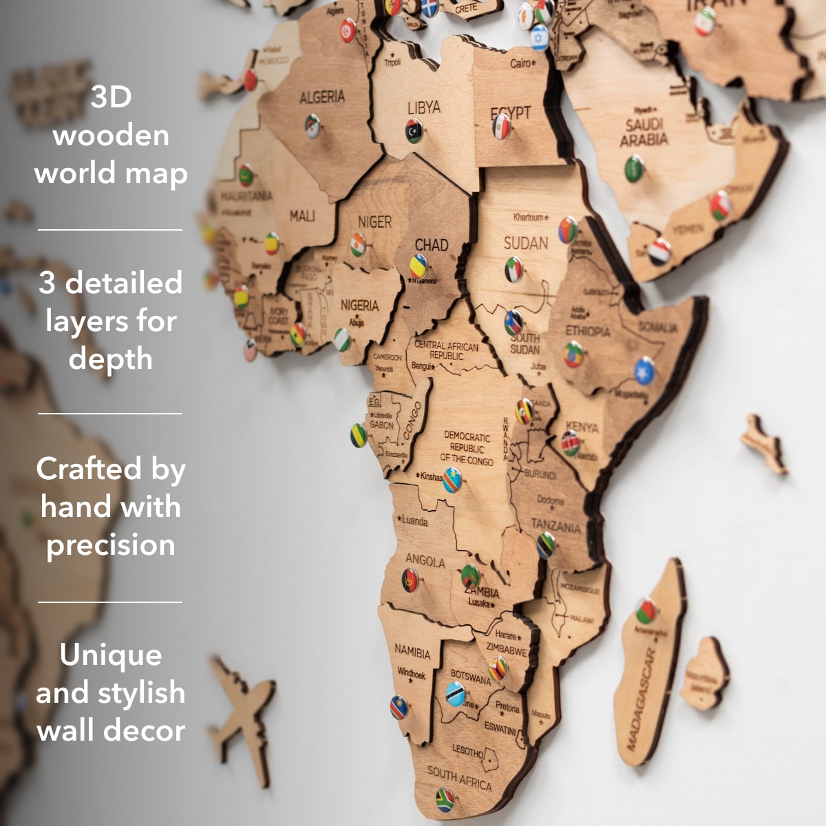 3D Wooden World Map Wall Art with Gold Accents for Home Decor