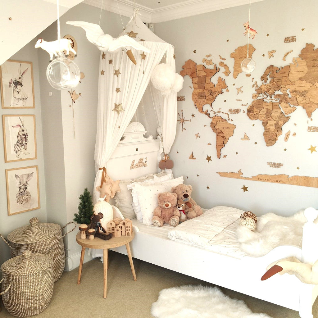 Wooden world map wall art in a modern bedroom setting showing natural wood textures