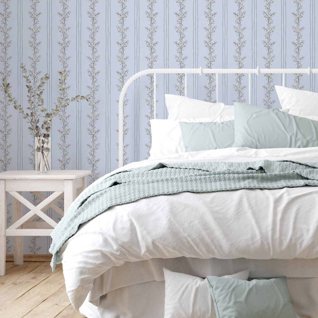 Janie Floral Wallpaper in Blue, White, Charcoal, and Cream