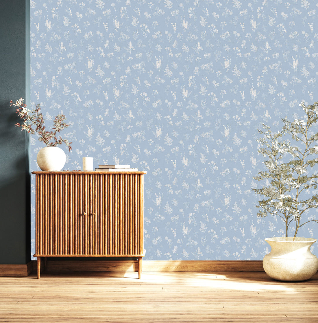 Everette Floral Wallpaper in Blue, White and Beige