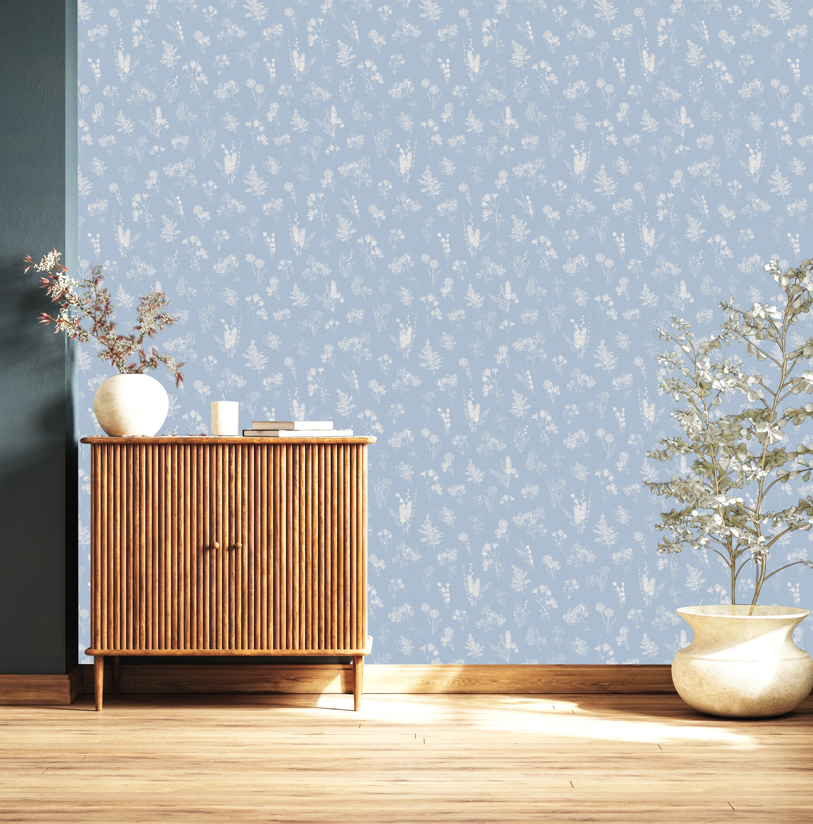 Everette Floral Wallpaper in Blue, White and Beige
